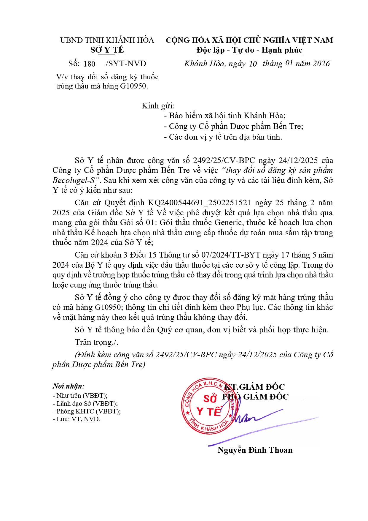 V/v thay đổi số đăng ký thuốc trúng thầu mã hàng G10950.